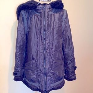 BCBG MaxAzria Hooded Zip Up Black Coat Mid Length Grandmacore Lagenlook Layer